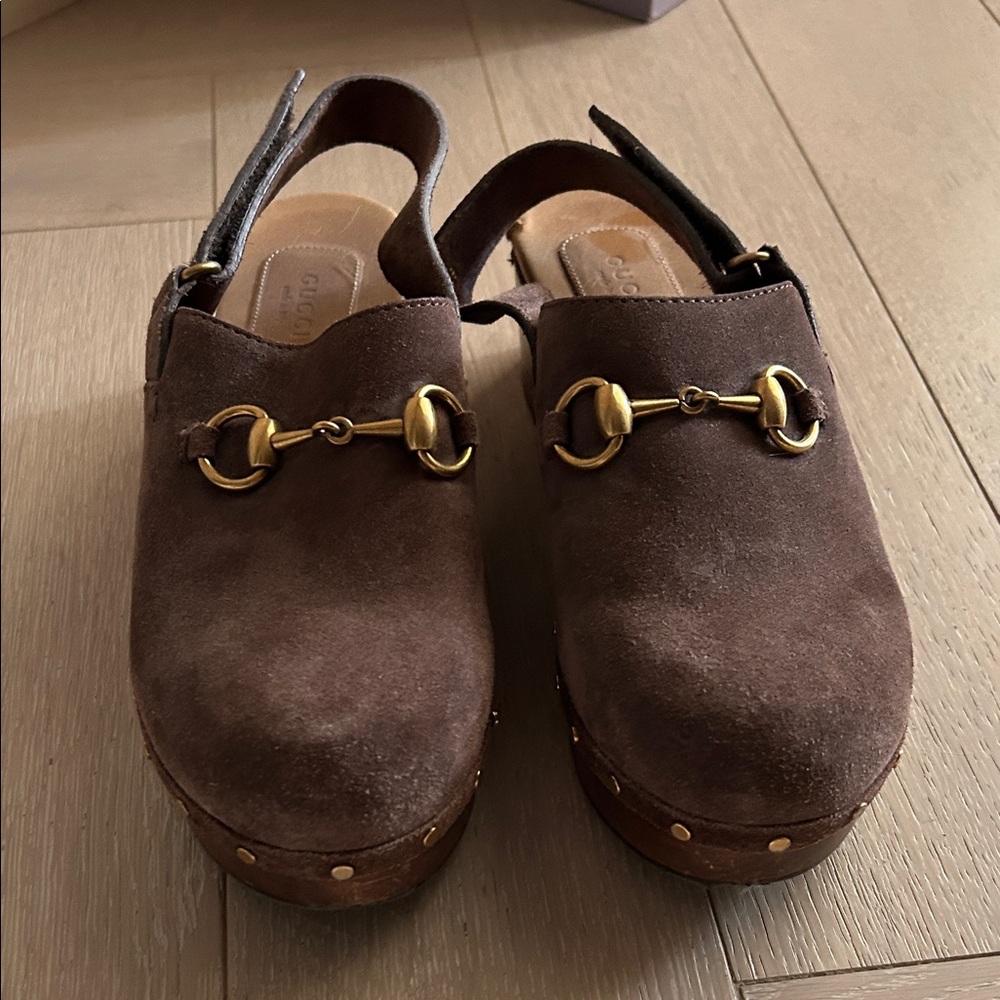 Gucci Brown Suede Mules with Gold Hardware